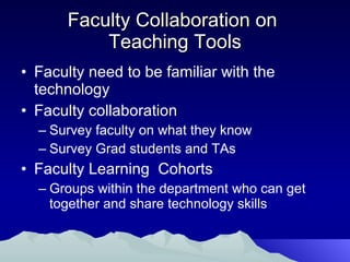 Faculty Collaboration on  Teaching Tools Faculty need to be familiar with the technology Faculty collaboration Survey faculty on what they know Survey Grad students and TAs Faculty Learning  Cohorts Groups within the department who can get together and share technology skills 