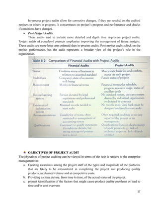 17
In-process project audits allow for corrective changes, if they are needed, on the audited
projects or others in progress. It concentrates on project‘s progress and performance and checks
if conditions have changed.
 Post Project Audits
These audits tend to include more detailed and depth than in-process project audits.
Project audits of completed projects emphasize improving the management of future projects.
These audits are more long term oriented than in-process audits. Post project audits check on the
project performance, but the audit represents a broader view of the project‘s role in the
organization.
OBJECTIVES OF PROJECT AUDIT
The objectives of project auditing can be viewed in terms of the help it renders to the enterprise
management in:
a. Creating awareness among the project staff of the types and magnitude of the problems
that are likely to be encountered in completing the project and producing quality
products, in planned volume and at competitive costs.
b. Providing a clean picture, from time to time, of the actual status of the project.
c. prompt identification of the factors that might cause product quality problems or lead to
time and/or cost overruns
 
