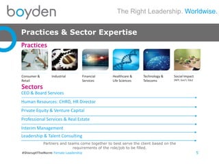 The Right Leadership. Worldwise.
#DisruptTheNorm Female Leadership
Practices & Sector Expertise
5
CEO & Board Services
Human Resources: CHRO, HR Director
Private Equity & Venture Capital
Professional Services & Real Estate
Interim Management
Leadership & Talent Consulting
Consumer &
Retail
Industrial Financial
Services
Healthcare &
Life Sciences
Technology &
Telecoms
Social Impact
(NFP, Gov’t, Edu)
Partners and teams come together to best serve the client based on the
requirements of the role/job to be filled.
Sectors
Practices
 