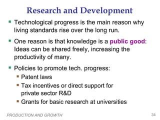 PRODUCTION AND GROWTH 34
Research and Development
 Technological progress is the main reason why
living standards rise over the long run.
 One reason is that knowledge is a public good:
Ideas can be shared freely, increasing the
productivity of many.
 Policies to promote tech. progress:
 Patent laws
 Tax incentives or direct support for
private sector R&D
 Grants for basic research at universities
 