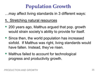 PRODUCTION AND GROWTH 35
Population Growth
…may affect living standards in 3 different ways:
1. Stretching natural resources
 200 years ago, Malthus argued that pop. growth
would strain society’s ability to provide for itself.
 Since then, the world population has increased
sixfold. If Malthus was right, living standards would
have fallen. Instead, they’ve risen.
 Malthus failed to account for technological
progress and productivity growth.
 