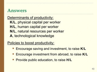 Determinants of productivity:
K/L, physical capital per worker
H/L, human capital per worker
N/L, natural resources per worker
A, technological knowledge
Policies to boost productivity:
 Encourage saving and investment, to raise K/L
 Encourage investment from abroad, to raise K/L
 Provide public education, to raise H/L
Answers
40
 