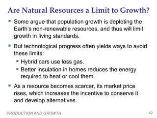 PRODUCTION AND GROWTH 42
Are Natural Resources a Limit to Growth?
 Some argue that population growth is depleting the
Earth’s non-renewable resources, and thus will limit
growth in living standards.
 But technological progress often yields ways to avoid
these limits:
 Hybrid cars use less gas.
 Better insulation in homes reduces the energy
required to heat or cool them.
 As a resource becomes scarcer, its market price
rises, which increases the incentive to conserve it
and develop alternatives.
 