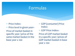 Formulas
 Price Index:
 Price level in given year=
Price of market basket in
specific year / price of the
same market basket in the
base year x 100
 GDP (consumer) Price
Index:
 GDP Price Index=
Price of GDP market basket
in a specific year / prices of
GDP market basket in base
year x 100
 