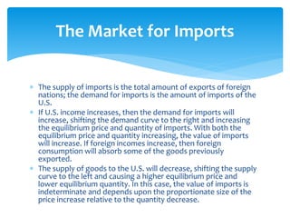  The supply of imports is the total amount of exports of foreign
nations; the demand for imports is the amount of imports of the
U.S.
 If U.S. income increases, then the demand for imports will
increase, shifting the demand curve to the right and increasing
the equilibrium price and quantity of imports. With both the
equilibrium price and quantity increasing, the value of imports
will increase. If foreign incomes increase, then foreign
consumption will absorb some of the goods previously
exported.
 The supply of goods to the U.S. will decrease, shifting the supply
curve to the left and causing a higher equilibrium price and
lower equilibrium quantity. In this case, the value of imports is
indeterminate and depends upon the proportionate size of the
price increase relative to the quantity decrease.
The Market for Imports
 