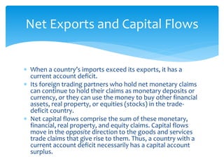  When a country’s imports exceed its exports, it has a
current account deficit.
 Its foreign trading partners who hold net monetary claims
can continue to hold their claims as monetary deposits or
currency, or they can use the money to buy other financial
assets, real property, or equities (stocks) in the trade-
deficit country.
 Net capital flows comprise the sum of these monetary,
financial, real property, and equity claims. Capital flows
move in the opposite direction to the goods and services
trade claims that give rise to them. Thus, a country with a
current account deficit necessarily has a capital account
surplus.
Net Exports and Capital Flows
 