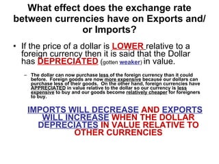 What effect does the exchange rate between currencies have on Exports and/or Imports? If the price of a dollar is  LOWER   relative to a foreign currency then it is said that the Dollar has  DEPRECIATED   ( gotten  weaker )  in value. The dollar can now purchase  less  of the foreign currency than it could before.  Foreign goods are now  more expensive  because our dollars can purchase less of their goods.  On the other hand, foreign currencies have  APPRECIATED  in value relative to the dollar so our currency is  less expensive  to buy and our goods become  relatively cheaper  for foreigners to buy. IMPORTS WILL DECREASE  AND  EXPORTS WILL INCREASE  WHEN THE DOLLAR  DE PRECIATES   IN VALUE RELATIVE TO OTHER CURRENCIES 