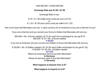 USD $50,000 = EURO  €50,000 Exchange Rate was $1.00 = €1.00 Exchange Rate is now  $.75 = € 1.00 (dollar price (cost) per euro is $.75) or   €.1.33 = $1.00 (euro price (cost) per dollar is €.1.33)     How much does that Mercedes cost now  in each currency for an American to buy and a German to buy? If you are a German and you convert your Euros to Dollars that Mercedes will cost you:  $50,000 = No. of Euros needed x $.75 (for each Euro exchanged he can get $.75 $50,000 / $.75 = No. of Euros needed   € 66,667 If you are an American and you convert your Dollars to Euros that Mercedes will cost you:  € 50,000 = No. of Dollars needed x €1.33 (for each Dollar exchanged he can get €1.33)  € 50,000 / €1.33= No. of Dollars needed $37,594 Where do Americans want to buy their Mercedes? In Germany. Where do Germans want to buy their Mercedes? I n Germany What happens to Exports from U.S? What happens to Imports to U.S? 