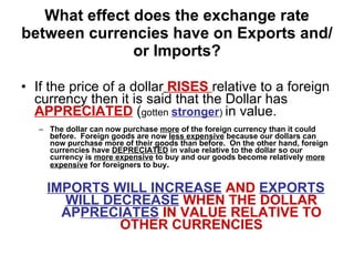 What effect does the exchange rate between currencies have on Exports and/or Imports? If the price of a dollar   RISES  relative to a foreign currency then it is said that the Dollar has  APPRECIATED  ( gotten  stronger )  in value. The dollar can now purchase  more  of the foreign currency than it could before.  Foreign goods are now  less expensive  because our dollars can now purchase more of their goods than before.  On the other hand, foreign currencies have  DEPRECIATED  in value relative to the dollar so our currency is  more expensive  to buy and our goods become relatively  more expensive  for foreigners to buy . IMPORTS WILL INCREASE  AND  EXPORTS WILL DECREASE  WHEN THE DOLLAR  AP PRECIATES   IN VALUE RELATIVE TO OTHER CURRENCIES 