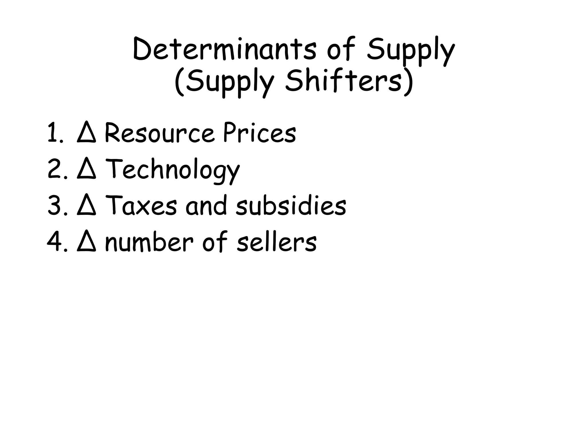 Determinants of Supply
(Supply Shifters)
1. ∆ Resource Prices
2. ∆ Technology
3. ∆ Taxes and subsidies
4. ∆ number of sellers
 