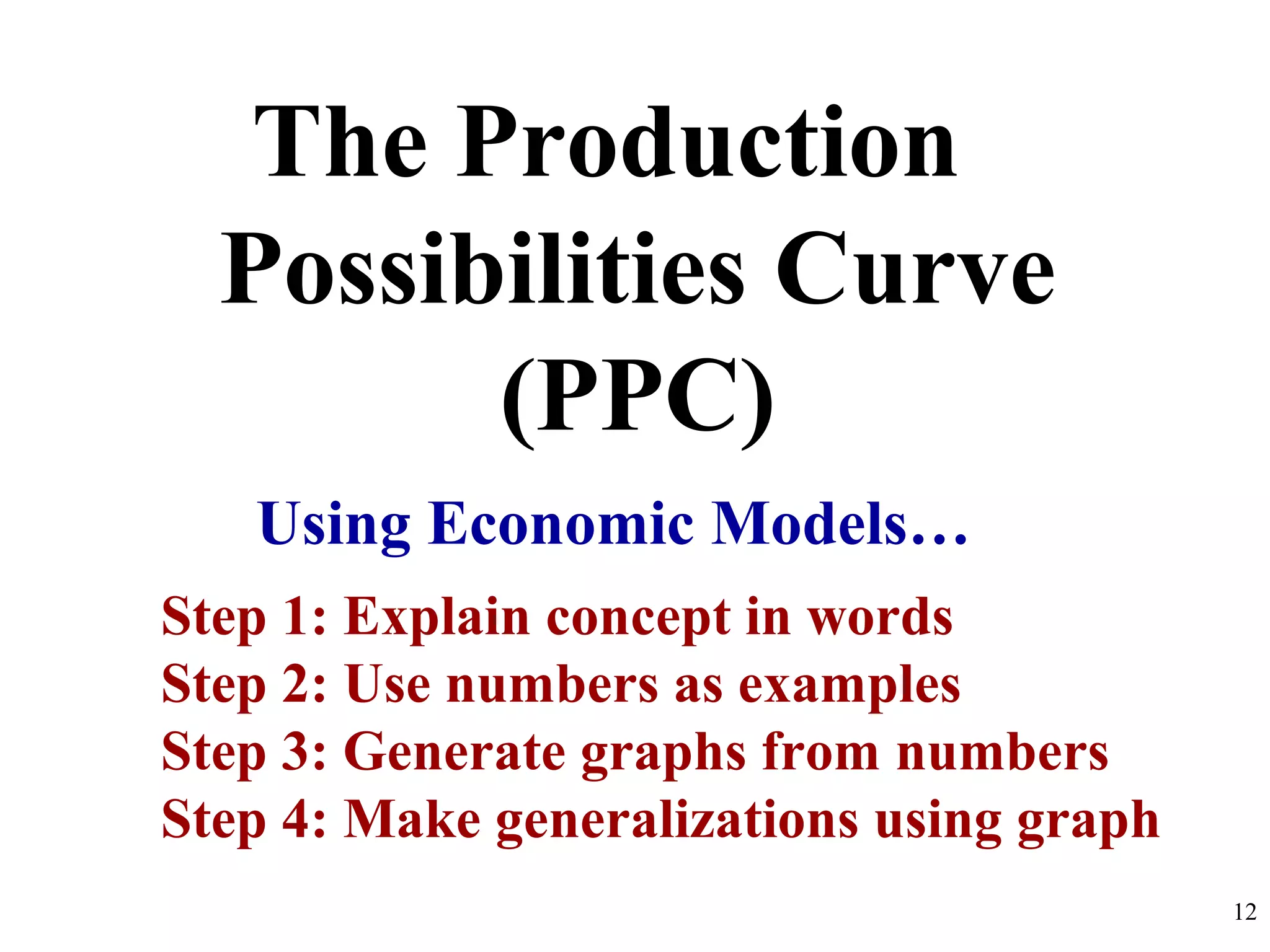 The Production
Possibilities Curve
(PPC)
Using Economic Models…
Step 1: Explain concept in words
Step 2: Use numbers as examples
Step 3: Generate graphs from numbers
Step 4: Make generalizations using graph
12
 