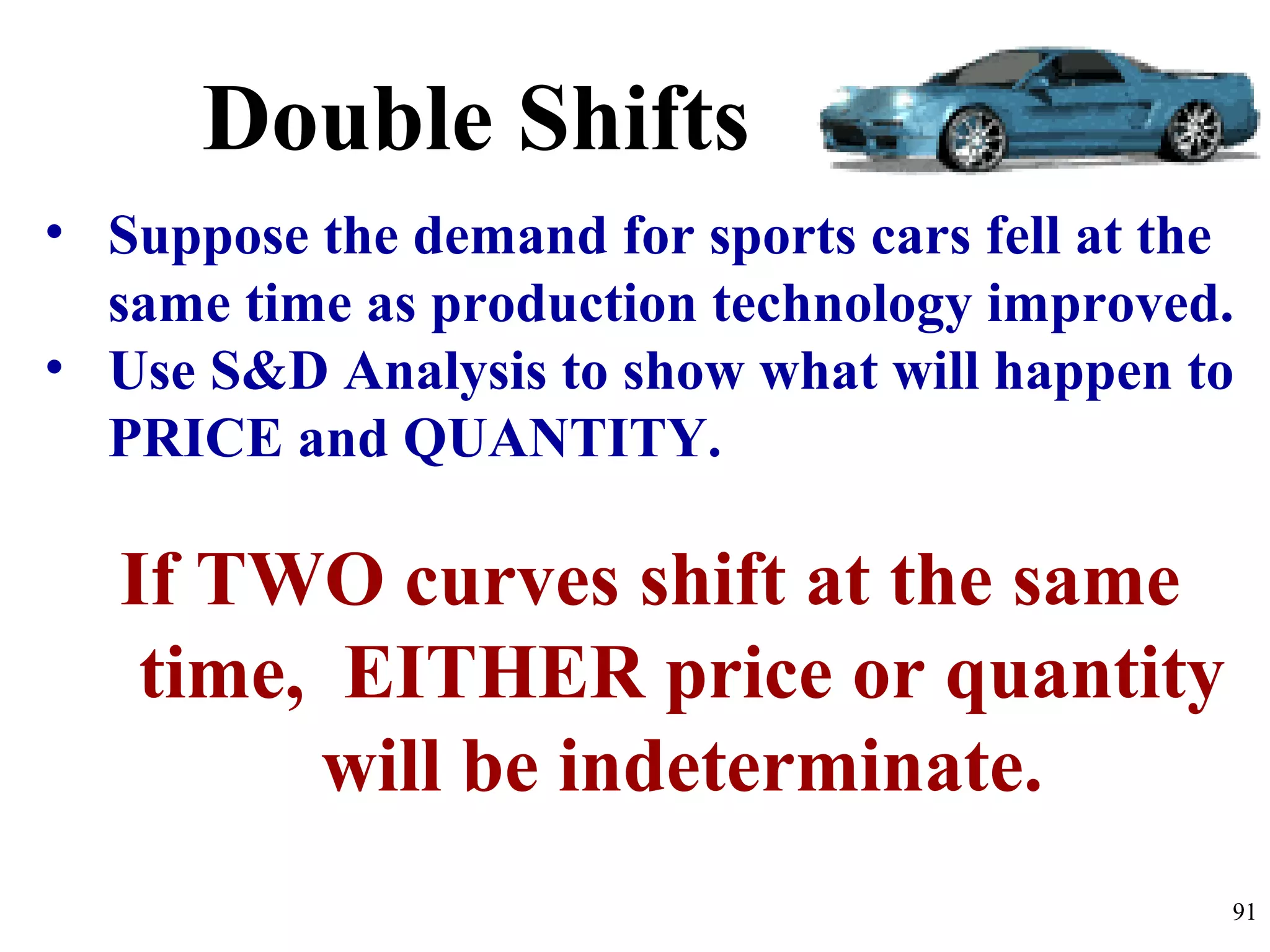 Double Shifts
• Suppose the demand for sports cars fell at the
same time as production technology improved.
• Use S&D Analysis to show what will happen to
PRICE and QUANTITY.
If TWO curves shift at the same
time, EITHER price or quantity
will be indeterminate.
91
 