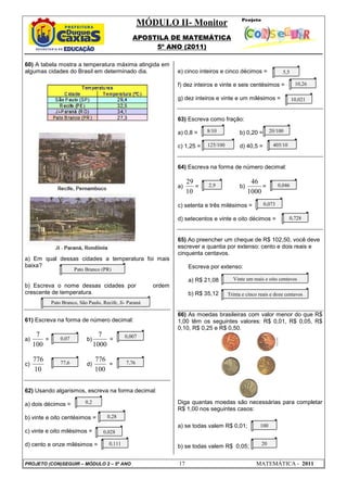 MÓDULO II- Monitor
                                                   APOSTILA DE MATEMÁTICA
                                                        5º ANO (2011)

60) A tabela mostra a temperatura máxima atingida em
algumas cidades do Brasil em determinado dia.                     e) cinco inteiros e cinco décimos =              5,5

                                                                  f) dez inteiros e vinte e seis centésimos =             10,26

                                                                  g) dez inteiros e vinte e um milésimos =               10,021


                                                                  63) Escreva como fração:

                                                                  a) 0,8 =    8/10           b) 0,20 =       20/100

                                                                  c) 1,25 =   125/100        d) 40,5 =        405/10



                                                                  64) Escreva na forma de número decimal:

                                                                       29     2,9
                                                                                                   46            0,046
                                                                  a)      =                  b)        =
                                                                       10                         1000
                                                                  c) setenta e três milésimos =          0,073

                                                                  d) setecentos e vinte e oito décimos =               0,728



                                                                  65) Ao preencher um cheque de R$ 102,50, você deve
                                                                  escrever a quantia por extenso: cento e dois reais e
                                                                  cinquenta centavos.
a) Em qual dessas cidades a temperatura foi mais
baixa?                                                                 Escreva por extenso:
                        Pato Branco (PR)

                                                                       a) R$ 21,08        Vinte um reais e oito centavos
b) Escreva o nome dessas cidades por                      ordem
crescente de temperatura.                                              b) R$ 35,12      Trinta e cinco reais e doze centavos
             Pato Branco, São Paulo, Recife, Ji- Paraná

                                                                  66) As moedas brasileiras com valor menor do que R$
61) Escreva na forma de número decimal:                           1,00 têm os seguintes valores: R$ 0,01, R$ 0,05, R$
                                                                  0,10, R$ 0,25 e R$ 0,50.
      7                              7          0,007
a)       =       0,07        b)         =
     100                           1000

     776         77,6
                                   776          7,76
c)                 =         d)        =
     10                            100


62) Usando algarismos, escreva na forma decimal:

a) dois décimos =            0,2                                  Diga quantas moedas são necessárias para completar
                                                                  R$ 1,00 nos seguintes casos:
b) vinte e oito centésimos =           0,28
                                                                  a) se todas valem R$ 0,01;           100
c) vinte e oito milésimos =           0,028

d) cento e onze milésimos =             0,111                                                           20
                                                                  b) se todas valem R$ 0,05;

PROJETO (CON)SEGUIR – MÓDULO 2 – 5º ANO                           17                                 MATEMÁTICA - 2011
 