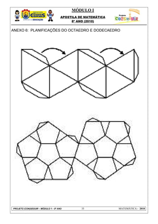 MÓDULO I
                                      APOSTILA DE MATEMÁTICA
                                           8º ANO (2010)


ANEXO 6: PLANIFICAÇÕES DO OCTAEDRO E DODECAEDRO




PROJETO (CON)SEGUIR – MÓDULO 1 – 8º ANO         35             MATEMÁTICA - 2010
 