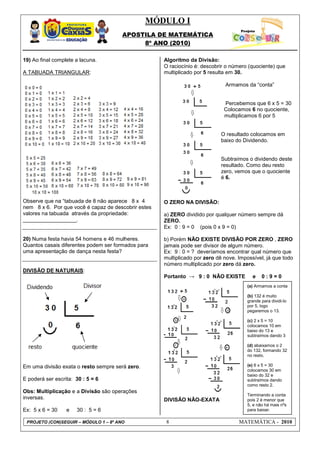 MÓDULO I
                                       APOSTILA DE MATEMÁTICA
                                            8º ANO (2010)

19) Ao final complete a lacuna.                      Algoritmo da Divisão:
                                                     O raciocínio é: descobrir o número (quociente) que
A TABUADA TRIANGULAR:                                multiplicado por 5 resulta em 30.

                                                                              Armamos da “conta”


                                                                              Percebemos que 6 x 5 = 30
                                                                              Colocamos 6 no quociente,
                                                                              multiplicamos 6 por 5


                                                                            O resultado colocamos em
                                                                            baixo do Dividendo.


                                                                            Subtraímos o dividendo deste
                                                                            resultado. Como deu resto
                                                                            zero, vemos que o quociente
                                                                            é 6.



Observe que na “tabuada de 8 não aparece 8 x 4       O ZERO NA DIVISÃO:
nem 8 x 6. Por que você é capaz de descobrir estes
valores na tabuada através da propriedade:           a) ZERO dividido por qualquer número sempre dá
__________________.                                  ZERO.
                                                     Ex: 0 : 9 = 0 (pois 0 x 9 = 0)

20) Numa festa havia 54 homens e 46 mulheres.        b) Porém NÃO EXISTE DIVISÃO POR ZERO , ZERO
Quantos casais diferentes podem ser formados para    jamais pode ser divisor de algum número.
uma apresentação de dança nesta festa?               Ex: 9 : 0 = ? deveríamos encontrar qual número que
                                                     multiplicado por zero dê nove. Impossível, já que todo
                                                     número multiplicado por zero dá zero.
DIVISÃO DE NATURAIS:
                                                     Portanto → 9 : 0 NÃO EXISTE          e   0:9=0
                                                                                       (a) Armamos a conta

                                                                                       (b) 132 é muito
                                                                                       grande para dividi-lo
                                                                                       por 5, logo
                                                                                       pegaremos o 13.

                                                                                       (c) 2 x 5 = 10
                                                                                       colocamos 10 em
                                                                                       baixo do 13 e
                                                                                       subtraímos dando 3

                                                                                       (d) abaixamos o 2
                                                                                       do 132, formando 32
                                                                                       no resto.

Em uma divisão exata o resto sempre será zero.                                         (e) 6 x 5 = 30
                                                                                       colocamos 30 em
                                                                                       baixo do 32 e
E poderá ser escrita: 30 : 5 = 6                                                       subtraímos dando
                                                                                       como resto 2.
Obs: Multiplicação e a Divisão são operações
                                                                                       Terminando a conta
inversas.                                            DIVISÃO NÃO-EXATA                 pois 2 é menor que
                                                                                       5, e não há mais nºs
Ex: 5 x 6 = 30    e   30 : 5 = 6                                                       para baixar.

 PROJETO (CON)SEGUIR – MÓDULO 1 – 8º ANO              8                             MATEMÁTICA - 2010
 