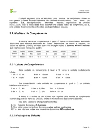 Instituto Federal
                                                                                                          Campus Araranguá



          Qualquer segmento pode ser escolhido para unidade de comprimento. Porém se
cada pessoa pudesse escolher livremente uma unidade de comprimento para medir um
segmento     AB , este apresentaria      diferentes   medidas, dependendo da unidade
usada. Assim, existe a necessidade de se escolher uma unidade padrão de comprimento, isto é,
uma unidade de comprimento conhecida e aceita por todas as pessoas.


5.2 Medidas de Comprimento

          A unidade padrão de comprimento é o metro. O metro é o comprimento assinalado
sobre uma barra metálica depositada no Museu Internacional de Pesos e Medidas, na
cidade de Sérvres (França). O metro com seus múltiplos forma o Sistema Métrico Decimal
que é apresentado no seguinte quadro:
    Unidade      Quilômetro   Hectômetro     Decâmetro   Metro     Decímetro    Centímetro    Milímetro

   Símbolo          km           hm            dam       m            dm           cm          mm
    Valor        1.000 m       100 m           10 m      1m         0,1 m       0,01 cm      0,001 mm




5.2.1 Leitura de Comprimentos

          Cada unidade de comprimento é igual a 10 vezes a unidade imediatamente
inferior:
   1 km = 10 hm         1 hm = 10 dam         1 dam = 10 m
  1 m = 10 dm                              1 dm = 10 cm                  1 cm     = 10 mm


          Em conseqüência, cada unidade de comprimento é igual a 0,1 da unidade
imediatamente superior:
 1 hm = 0,1 km                     1 dam = 0,1 hm                1 m = 0,1 dam
 1 dm = 0,1 m                      1 cm = 0,1 dm                 1 mm = 0,1 cm

          A leitura e a escrita de um número que exprime uma medida de comprimento
(número seguindo do nome da unidade) é feita de modo idêntico aos números decimais.
              Veja como você deve ler alguns comprimentos:
 0,1 m 1 décimo de metro ou 1 decímetro
 0,25 m vinte e cinco centésimos de metro ou vinte e cinco centímetros
 6,37 m seis inteiros e trinta e sete centésimos de metro ou 637 centímetros


5.2.2 Mudanças de Unidade



Eletromecânica                                                                                                    Página: 45
 