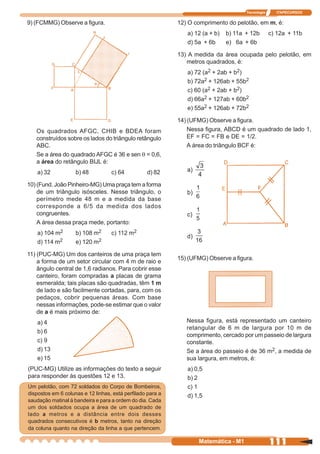 Tecnologia     ITAPECURSOS


9) (FCMMG) Observe a figura.                                12) O comprimento do pelotão, em m, é:
                                                               a) 12 (a + b)   b) 11a + 12b        c) 12a + 11b
                                                               d) 5a + 6b      e) 6a + 6b

                                                            13) A medida da área ocupada pelo pelotão, em
                                                               metros quadrados, é:
                                                               a) 72 (a2 + 2ab + b2)
                                                               b) 72a2 + 126ab + 55b2
                                                               c) 60 (a2 + 2ab + b2)
                                                               d) 66a2 + 127ab + 60b2
                                                               e) 55a2 + 126ab + 72b2

                                                            14) (UFMG) Observe a figura.
   Os quadrados AFGC, CHIB e BDEA foram                         Nessa figura, ABCD é um quadrado de lado 1,
   construídos sobre os lados do triângulo retângulo            EF = FC = FB e DE = 1/2.
   ABC.                                                         A área do triângulo BCF é:
   Se a área do quadrado AFGC é 36 e sen θ = 0,6,
   a área do retângulo BIJL é:
    a) 32           b) 48          c) 64          d) 82

10) (Fund. João Pinheiro-MG) Uma praça tem a forma
    de um triângulo isósceles. Nesse triângulo, o
    perímetro mede 48 m e a medida da base
    corresponde a 6/5 da medida dos lados
    congruentes.
    A área dessa praça mede, portanto:
    a) 104 m2       b) 108 m2      c) 112 m2
    d) 114 m2       e) 120 m2

11) (PUC-MG) Um dos canteiros de uma praça tem
                                                            15) (UFMG) Observe a figura.
    a forma de um setor circular com 4 m de raio e
    ângulo central de 1,6 radianos. Para cobrir esse
    canteiro, foram compradas a placas de grama
    esmeralda; tais placas são quadradas, têm 1 m
    de lado e são facilmente cortadas, para, com os
    pedaços, cobrir pequenas áreas. Com base
    nessas informações, pode-se estimar que o valor
    de a é mais próximo de:
    a) 4                                                       Nessa figura, está representado um canteiro
                                                               retangular de 6 m de largura por 10 m de
    b) 6
                                                               comprimento, cercado por um passeio de largura
    c) 9                                                       constante.
    d) 13                                                      Se a área do passeio é de 36 m2, a medida de
    e) 15                                                      sua largura, em metros, é:
(PUC-MG) Utilize as informações do texto a seguir              a) 0,5
para responder às questões 12 e 13.                            b) 2
Um pelotão, com 72 soldados do Corpo de Bombeiros,             c) 1
dispostos em 6 colunas e 12 linhas, está perfilado para a      d) 1,5
saudação matinal à bandeira e para a ordem do dia. Cada
um dos soldados ocupa a área de um quadrado de
lado a metros e a distância entre dois desses
quadrados consecutivos é b metros, tanto na direção
da coluna quanto na direção da linha a que pertencem.

                                                                   Matemática - M1                 111
 