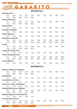 Tecnologia    ITAPECURSOS




                                              MATEMÁTICA I
Aritmética em N
      1) e      2) b   3) c          4) d      5) e    6) a    7) a    8) d    9) a   10) c
      11) d   12) b   13) d         14) a     15) a
Números Racionais
      1) c      2) d   3) b          4) c      5) b    6) a    7) a    8) b    9) d   10) b
      11) c   12) b   13) d         14) d     15) a
Números Reais
      1) e      2) b   3) a          4) b      5) a    6) a    7) d    8)b     9) e   10) d
Unidades de Medidas
      1) d      2) b   3) b          4) d      5) b    6) a    7) c    8) b    9) c   10) d
Cálculo Algébrico
      1) d      2) e   3) a          4) c      5) b    6) b    7) a    8) a    9) a   10) c
Matemática Comercial
      1) c      2) e   3) c          4) c      5) a    6) b    7) a    8) a    9) b   10) a
      11) b   12) e   13) c         14) d     15) d   16) d   17) b   18) e   19) b   20) a
Função
      1) e      2) d   3) b          4) c      5) b    6) a    7) c    8) e    9) b   10) b
      11) e   12) c   13) a         14) e     15) d
Função do Primeiro Grau
      1) c      2) a   3) c          4) d      5) a    6) b    7) e    8) a    9) e   10) e
Função do Segundo Grau
      1) c      2) a   3) b          4) d      5) d    6) d    7) d    8) a    9) c   10) e
      11) b   12) c   13) d         14) a     15) c   16) b   17) a   18) d   19) e   20) a
Função Modular
      1) e      2) b   3) a          4) b      5) d    6) c    7) e    8) d    9) a   10) e

                                              MATEMÁTICA II
Ângulos, Polígonos e Triângulos
      1) a      2) d     3) a    4) c          5) b    6) c    7) c    8) a    9) a   10) e
      11) d    12) d    13) e   14) a         15) b
Quadriláteros
      1) d      2) a     3) d    4) c          5) b    6) c    7) c    8) b    9) d   10) d
Circunferência e Círculo
      1) c      2) a     3) c    4) e          5) a    6) d    7) b    8) c    9) c   10) b
Teorema de Tales e Semelhança
      1) d      2) a     3) b    4) a          5) e    6) e    7) c    8) c    9) c   10) c
Relações Métricas nos Triângulos
      1) e      2) c     3) e    4) d          5) a    6) e    7) b    8) c    9) a   10) d
      11) b    12) c    13) c   14) c         15) b
Relações Métricas na Circunferência
      1) a      2) b     3) e    4) e          5) c
Área das Figuras Planas
      1) b      2) c     3) b    4) e          5) c    6) a    7) b    8) a    9) c   10) b
      11) d    12) c    13) b   14) d         15) c

             112            Matemática - M1
 