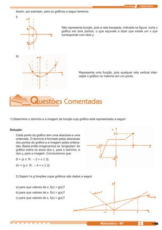 Tecnologia   ITAPECURSOS


    Assim, por exemplo, para os gráficos a seguir teremos:
    I)


                                       Não representa função, pois a reta tracejada, indicada na figura, corta o
                                       gráfico em dois pontos, o que equivale a dizer que existe um x que
                                       corresponde com dois y.




    II)




                                                    Representa uma função, pois qualquer reta vertical inter-
                                                    cepta o gráfico no máximo em um ponto.




1) Determine o domínio e a imagem da função cujo gráfico está representado a seguir:


Solução:
    Cada ponto do gráfico tem uma abscissa e uma
    ordenada. O domínio é formado pelas abscissas
    dos pontos do gráfico e a imagem pelas ordena-
    das. Basta então imaginarmos as “projeções” do
    gráfico sobre os eixos dos x, para o domínio, e
    dos y, para a imagem. Concluiremos que:
    D = {x ∈ R : – 2 < x ≤ 3}

    Im = {y ∈ R : – 4 < x ≤ 2}


    2) Sejam f e g funções cujos gráficos são dados a seguir


    a) para que valores de x, f(x) = g(x)?
    b) para que valores de x, f(x) > g(x)?
    c) para que valores de x, f(x) < g(x)?




                                                                    Matemática - M1                35
 