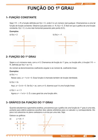 Tecnologia   ITAPECURSOS



                          FUNÇÃO DO 1º GRAU
1- FUNÇÃO CONSTANTE

  Seja f: R → R a função definida por f(x) = C, onde C é um número real qualquer. Chamaremos a uma tal
  função de função constante. Observe que para todo x ∈ R, f(x) = C. É fácil ver que o gráfico de uma função
  constante, f(x) = C, é uma reta horizontal passando pelo ponto (0,C).
  Exemplos:
  a) f(x) = 2                                           b) f(x) = –1




2- FUNÇÃO DO 1º GRAU

  Sejam a e b números reais, com a ≠ 0. Chamamos de função do 1º grau, ou função afim, à função f: R →
  R, definida por f(x) = ax + b.
  Ao número a denominaremos coeficiente angular e ao número b, coeficiente linear.
  Exemplos:
  a) f(x) = x
    Nesse caso, a = 1 e b = 0. Essa função é chamada também de função identidade.

  b) f(x) = 2x
    Aqui, a = 2 e b = 0. Se f(x) = ax, com a ≠ 0, dizemos que f é uma função linear.

  c) f(x) = –x + 3
    Agora a = –1 e b = 3. É o caso geral de uma função afim.



3- GRÁFICO DA FUNÇÃO DO 1º GRAU
  Quando estudarmos a geometria analítica, provaremos que o gráfico de uma função do 1º grau é uma reta,
  portanto para obtê-lo podemos escolher dois valores arbitrários para x e calcular o y correspondente. De-
  pois é só colocá-los no plano cartesiano e uni-los por uma reta. Veja:
  Esboce os gráficos:
  a)       y = 2x –1
            x        y
            0        -1
            1        1



                                                                  Matemática - M1                   41
 