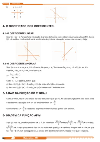 Tecnologia   ITAPECURSOS


      b)       y=-x+2
               x       y
               0       2
               1       1



4- O SIGNIFICADO DOS COEFICIENTES

4.1- O COEFICIENTE LINEAR
      Seja f(x) = ax + b. Para achar a interseção do gráfico de f com o eixo y, observe que basta calcular f(0). Como
      f(0) = b, então o coeficiente linear é a ordenada do ponto de interseção entre a reta e o eixo y. Veja:




4.2- O COEFICIENTE ANGULAR
      Seja f(x) = ax + b, e x1 e x2 dois números, tal que x1 < x2. Temos que f(x2) = ax2 + b e f(x1) = ax1 + b.
      Logo f(x2) – f(x1) = ax2 – ax1, e daí vem que:




      Como x2 – x1 é positivo, temos que:
      a) Se a > 0, f(x2) – f(x1) > 0 ou f(x2) > f(x1) e então a função é crescente.
      b) Se a < 0, f(x2) – f(x1) < 0 ou f(x2) < f(x1) e nesse caso f é decrescente.


5- A RAIZ DA FUNÇÃO DO 1º GRAU
      Como já vimos, raiz de uma função é o valor de x para o qual f(x) = 0. No caso da função afim, para achar a raiz

      é só resolver a equação ax + b = 0 e encontraremos x = –


      Graficamente, x = –     é a abscissa do ponto de interseção do gráfico com o eixo x.


6- IMAGEM DA FUNÇÃO AFIM

      Seja f(x) = ax + b, uma função afim, e K ∈ R. Se fizermos x =           então f (    )=a.(        ) + b, ou seja,

      f(      ) = K. Logo, qualquer que seja K ∈ R, existe x tal que f(x) = K e então a imagem de f: R → R, tal que
      f(x) = ax + b é R. Em outras palavras, a função afim é sobrejetora em R. Mostre você que f é injetora.



             42             Matemática - M1
 