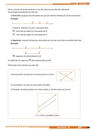 Tecnologia   ITAPECURSOS




Se um conjunto de pontos pertence a uma reta, dizemos que eles são colineares.
Os principais subconjuntos da reta são:

   a) Semi-reta: qualquer uma das partes em que uma reta fica dividida por um de seus pontos.
   Exemplo:
     :
                                                         r

     O ponto A, determina na reta r, duas semi-retas
         : semi-reta de origem A e que passa por B.

         : semi-reta de origem A e que passa por C.


   b) Segmento: conjunto formado por dois pontos de uma reta e por todos os pontos entre eles.
   Exemplo:




         : segmento de extremidades A e B.

A medida de um segmento       será representada por AB.

Sobre duas retas, dizemos que elas são:




   a) Concorrentes: se possuem um único ponto em comum.




   b) Coincidentes: se todos os seus pontos coincidem.

   c) Paralelas: se estão contidas num mesmo plano, e não têm ponto em comum.




                                   r // s: a reta r é paralela à reta s.




                                                                    Matemática - M1                57
 
