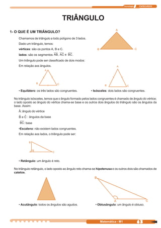 Tecnologia       ITAPECURSOS




                                        TRIÂNGULO
                                                                             A
1- O QUE É UM TRIÂNGULO?
     Chamamos de triângulo a todo polígono de 3 lados.
     Dado um triângulo, temos:
     vértices: são os pontos A, B e C.                         B                                  C

     lados: são os segmentos                 .
     Um triângulo pode ser classificado de dois modos:
     Em relação aos ângulos.                                                  A
                            A




                  B                 C                                 B                 C

     • Equilátero: os três lados são congruentes.          • Isósceles: dois lados são congruentes.

  No triângulo isósceles, temos que o ângulo formado pelos lados congruentes é chamado de ângulo do vértice;
  o lado oposto ao ângulo do vértice chama-se base e os outros dois ângulos do triângulo são os ângulos da
  base. Assim:
     Â: ângulo do vértice
           : ângulos da base

         : base
     •Escaleno: não existem lados congruentes.
     Em relação aos lados, o triângulo pode ser:

             B


             A                  C


     • Retângulo: um ângulo é reto.

  No triângulo retângulo, o lado oposto ao ângulo reto chama-se hipotenusa e os outros dois são chamados de
  catetos.




     • Acutângulo: todos os ângulos são agudos.               • Obtusângulo: um ângulo é obtuso.




                                                                   Matemática - M1                    63
 