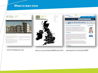Where to learn more
www.fgould.com/uk/topics/BIM/www.cic.org.uk/national/BiMhubs.shtmlwww.bimtaskgroup.org/
 