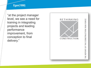Egan(1998)
“at the project manager
level, we see a need for
training in integrating
projects and leading
performance
improvement, from
conception to final
delivery.”
 