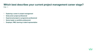 Which best describes your current project management career stage?
• Exploring a career in project management
• Early-career project professional
• Experienced project or programme professional
• Senior leader or portfolio professional
• Employer, PMO, learning or talent representative
Poll - 1
 