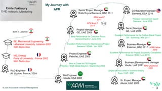 © 2026 Association for Project Management 3
My Journey with
APM
Born in Lebanon
BE, Mechanical Engineering
Lebanese University, Lebanon 2001
With Distinction
ME, Energy
Paris VI University , France 2002
With Distinction
R&D Engineer
Air Liquide, France, 2004
Site Engineer
Hidada, KSA 2005
Project Engineer
Petrofac, UAE 2005
Project Manager
GE, UAE 2009
Senior Project Manager
Rolls Royce/Siemens, UAE 2011
Configuration Manager
Siemens, USA 2016
Senior Manager
GE, UAE 2016
Business Manager
Exterran, UAE 2017
APM level C
2014
APM level D
2012
Excellent Performance for Project Successful Completion
Exterran / BGC / Jun 2018
Excellent Performance for Maintenance Project
Siemens / SEWA / Jan 2015
Best Performance for Customer Focus
General Electric / June 2010
Best in Class for FSI Program
Petrofac / Shell Global Solution / September 2005
Process improvement award
Siemens / June 2016
Excellent Performance for the Carbon Black Project
GE / Samsung / Mar 2017
Emile Fakhoury – Career Journey
Business Development Manager
Veolia, UAE 2021
Largest service order in business history
Suez / L&T / 2021
Sr. Project Manager
Alucor, UAE 2026
APM Fellow
2019
APM Chartered
2021
3
 