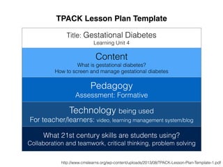 TPACK Lesson Plan Template
Title: Gestational Diabetes
Learning Unit 4
Content
What is gestational diabetes?
How to screen and manage gestational diabetes
Pedagogy
Assessment: Formative
Technology being used
For teacher/learners: video, learning management system/blog
What 21st century skills are students using?
Collaboration and teamwork, critical thinking, problem solving
http://www.cmslearns.org/wp-content/uploads/2013/08/TPACK-Lesson-Plan-Template-1.pdf
 