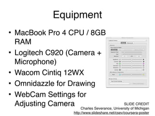Equipment
• MacBook Pro 4 CPU / 8GB
RAM
• Logitech C920 (Camera +
Microphone)
• Wacom Cintiq 12WX
• Omnidazzle for Drawing
• WebCam Settings for
Adjusting Camera SLIDE CREDIT
Charles Severance, University of Michigan
http://www.slideshare.net/csev/coursera-poster
 
