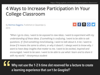 https://blog.tophat.com/increase-participation-classroom/
Why not use the 1-2 h time slot reserved for a lecture to create
a learning experience that can’t be Googled?
“
 
