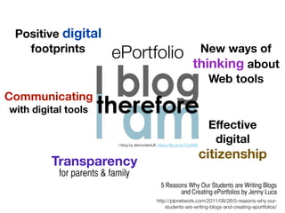 I blog by alamodestuff, https://ﬂic.kr/p/7CxKN9
Positive digital
footprints
Communicating
with digital tools
Transparency
for parents & family
New ways of
thinking about
Web tools
Eﬀective
digital
citizenship
5 Reasons Why Our Students are Writing Blogs
and Creating ePortfolios by Jenny Luca
http://plpnetwork.com/2011/08/26/5-reasons-why-our-
students-are-writing-blogs-and-creating-eportfolios/
ePortfolio
 