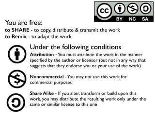 You are free:
to SHARE - to copy, distribute & transmit the work
to Remix - to adapt the work
Under the following conditions
Attribution -You must attribute the work in the manner
speciﬁed by the author or licensor (but not in any way that
suggests that they endorse you or your use of the work)
Noncommercial -You may not use this work for
commercial purposes
Share Alike - If you alter, transform or build upon this
work, you may distribute the resulting work only under the
same or similar license to this one
 