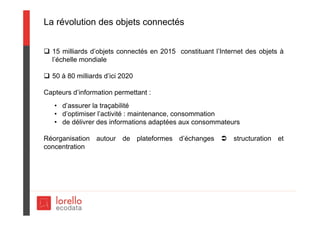 La révolution des objets connectés
 15 milliards d’objets connectés en 2015 constituant l’Internet des objets à
l’échelle mondiale
 50 à 80 milliards d’ici 2020
Capteurs d’information permettant :
• d’assurer la traçabilité
• d’optimiser l’activité : maintenance, consommation
• de délivrer des informations adaptées aux consommateurs
Réorganisation autour de plateformes d’échanges  structuration et
concentration
 