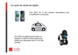 Un quart de siècle de digital
D’ici 2020, 80 % des emplois nécessiteront des
compétences numériques
D’ici 2025, le digital pourrait créer ou
déplacer 14 000 à 34 000 milliards de
dollars soit l’équivalent de 50 % du PIB
mondial
 