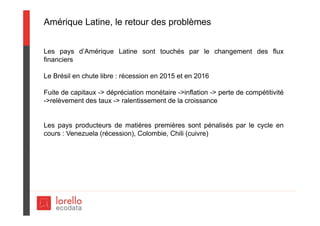 Amérique Latine, le retour des problèmes
Les pays d’Amérique Latine sont touchés par le changement des flux
financiers
Le Brésil en chute libre : récession en 2015 et en 2016
Fuite de capitaux -> dépréciation monétaire ->inflation -> perte de compétitivité
->relèvement des taux -> ralentissement de la croissance
Les pays producteurs de matières premières sont pénalisés par le cycle en
cours : Venezuela (récession), Colombie, Chili (cuivre)
 