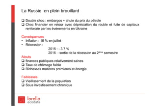 La Russie en plein brouillard
 Double choc : embargos + chute du prix du pétrole
 Choc financier en retour avec dépréciation du rouble et fuite de capitaux
renforcée par les évènements en Ukraine
Conséquences
• Inflation : 15 % en juillet
• Récession :
2015 : - 3,7 %
2016 : sortie de la récession au 2ème semestre
Atouts
 finances publiques relativement saines
 Taux de chômage faible
 Richesses matières premières et énergie
Faiblesses
 Vieillissement de la population
 Sous investissement chronique
 
