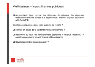 Vieillissement – impact finances publiques
 Augmentation bien connue des dépenses de retraites, des dépenses
d’assurance-maladie et liées à la dépendance : à terme, un poids équivalent
à 33 % du PIB
Quelles conséquences pour notre système de retraite ?
 Remise en cause de la solidarité intergénérationnelle ?
 Réduction du taux de remplacement (pensions / revenus d’activité) ->
conséquences sur le pouvoir d’achat et la croissance
 Développement de la capitalisation ?
 
