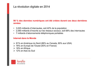 La révolution digitale en 2014
90 % des données numériques ont été créées durant ces deux dernières
années
• 3,025 milliards d’internautes, soit 42% de la population
• 2,060 milliards d’inscrits sur les réseaux sociaux, soit 68% des internautes
• 7 milliards d’abonnements téléphoniques portables
Internet dans le Monde
 81% en Amérique du Nord (86% au Canada, 80% aux USA)
 78% en Europe de l’Ouest (83% en France)
 18% en Afrique
 12% en Asie du Sud
 
