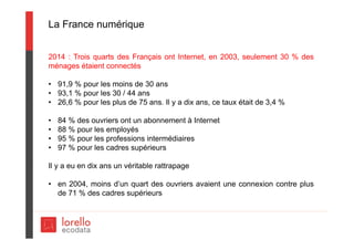 La France numérique
2014 : Trois quarts des Français ont Internet, en 2003, seulement 30 % des
ménages étaient connectés
• 91,9 % pour les moins de 30 ans
• 93,1 % pour les 30 / 44 ans
• 26,6 % pour les plus de 75 ans. Il y a dix ans, ce taux était de 3,4 %
• 84 % des ouvriers ont un abonnement à Internet
• 88 % pour les employés
• 95 % pour les professions intermédiaires
• 97 % pour les cadres supérieurs
Il y a eu en dix ans un véritable rattrapage
• en 2004, moins d’un quart des ouvriers avaient une connexion contre plus
de 71 % des cadres supérieurs
 