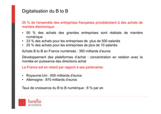 Digitalisation du B to B
20 % de l’ensemble des entreprises françaises procéderaient à des achats de
manière électronique
• 50 % des achats des grandes entreprises sont réalisés de manière
numérique
• 33 % des achats pour les entreprises de plus de 500 salariés
• 25 % des achats pour les entreprises de plus de 10 salariés
Achats B to B en France numérisés : 385 milliards d’euros
Développement des plateformes d’achat : concentration en relation avec la
montée en puissance des directions achat
La France est en retard par rapport à ses partenaires
• Royaume-Uni : 650 milliards d’euros
• Allemagne : 870 milliards d’euros
Taux de croissance du B to B numérique : 8 % par an
 