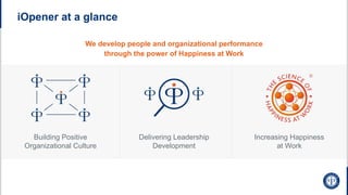 iOpener at a glance
Building Positive
Organizational Culture
Delivering Leadership
Development
Increasing Happiness
at Work
We develop people and organizational performance
through the power of Happiness at Work
 