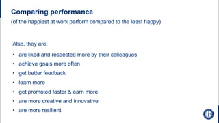 Also, they are:
• are liked and respected more by their colleagues
• achieve goals more often
• get better feedback
• learn more
• get promoted faster & earn more
• are more creative and innovative
• are more resilient
Comparing performance
(of the happiest at work perform compared to the least happy)
 