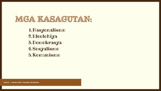 2 0 2 2 | A R A L I N G P A A N L I P U N A N
Nasyonalismo
Ideolohiya
Demokrasya
Sosyalismo
Komunismo
1.
2.
3.
4.
5.
MGA KASAGUTAN:
MGA KASAGUTAN:
 