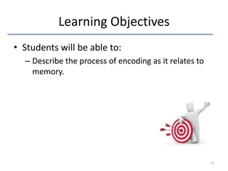 Learning Objectives
• Students will be able to:
– Describe the process of encoding as it relates to
memory.

11

 