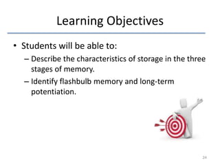 Learning Objectives
• Students will be able to:
– Describe the characteristics of storage in the three
stages of memory.
– Identify flashbulb memory and long-term
potentiation.

24

 