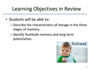 Learning Objectives in Review
• Students will be able to:
– Describe the characteristics of storage in the three
stages of memory.
– Identify flashbulb memory and long-term
potentiation.

36

 